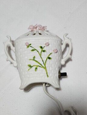 White Ceramic Floral Night Light with Pink Rose Accents